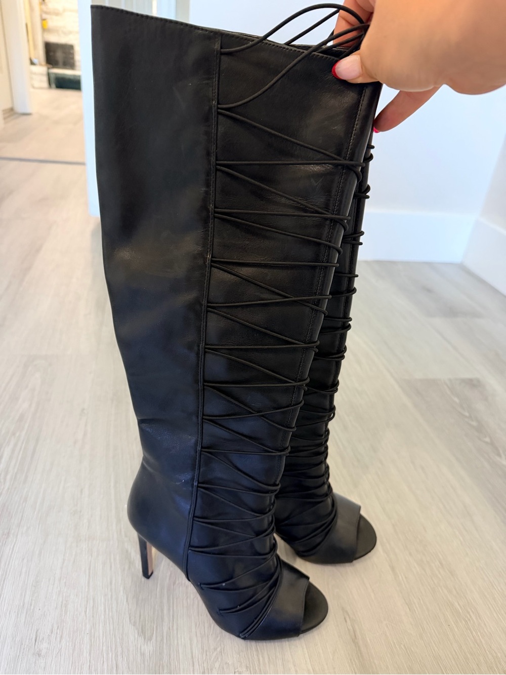 Black Lace-Up Knee-High Stiletto peep toe Boots - Picture 2 of 5
